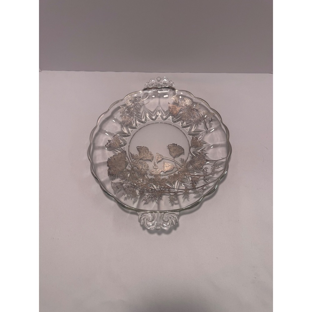 Vintage Glass Silver Overlay Floral Poppy Serving Platter Scalloped Handle Tray